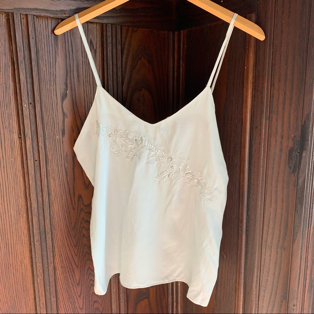 Tracy 100% silk camisole flowing leaves embroidery design in light seafoam